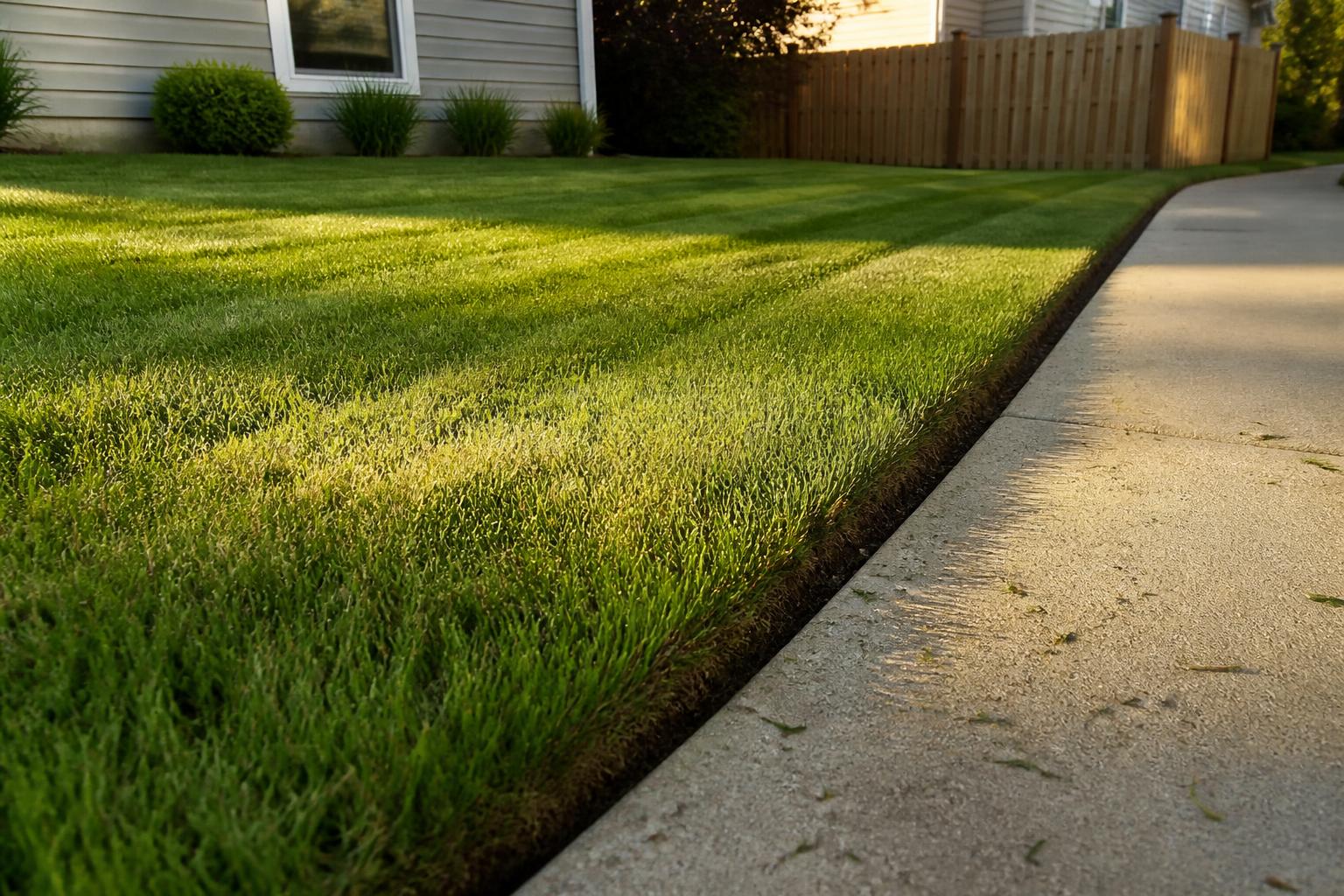 Crisp finished edge between mulch bed and lawn along a walkway