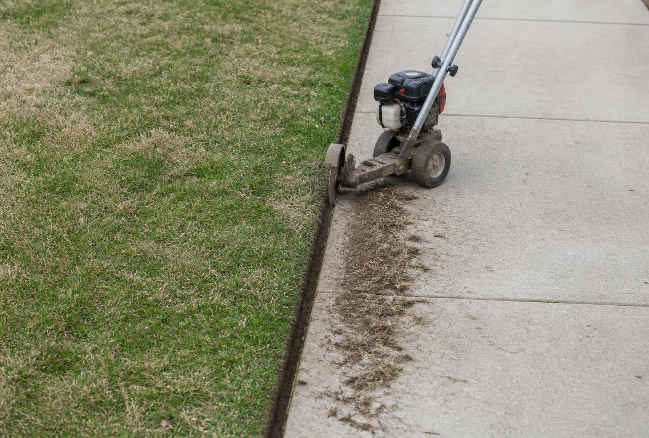 Freshly cut driveway edge with a stick edger parked at the edge line