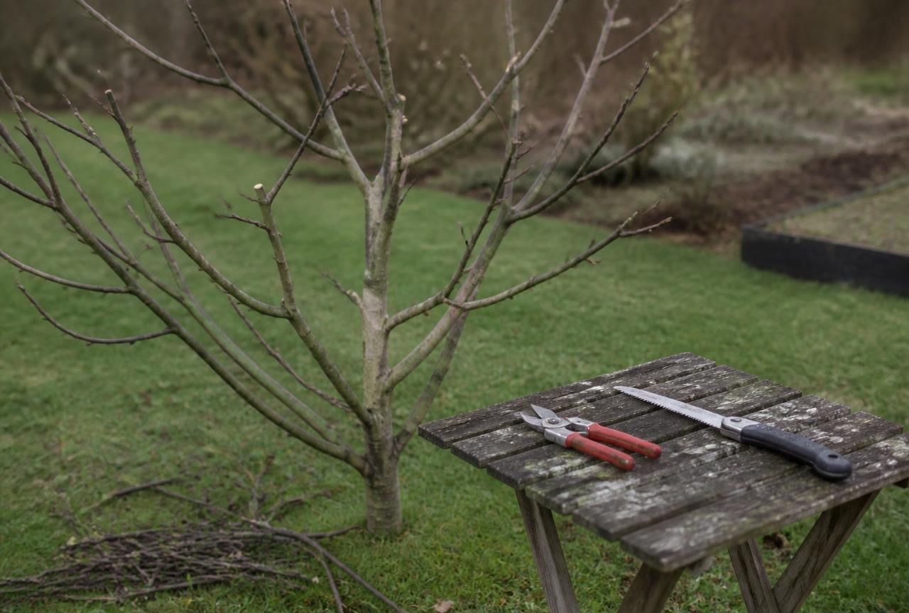 Fruit tree pruned to an open structure with pruning tools nearby
