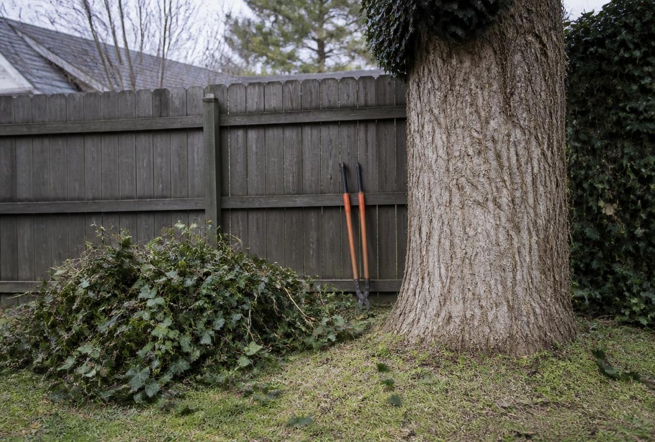 Ivy stripped from a tree trunk with vines piled by the fence
