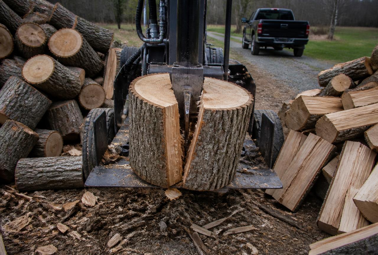Hydraulic splitter halving an oak round