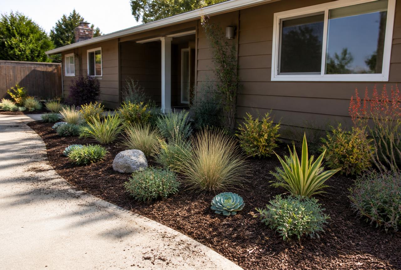 Finished front-yard mulch bed with new drought tolerant plants and a clean curved edge