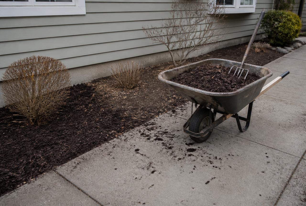 Bark mulch being installed in a planting bed, half finished