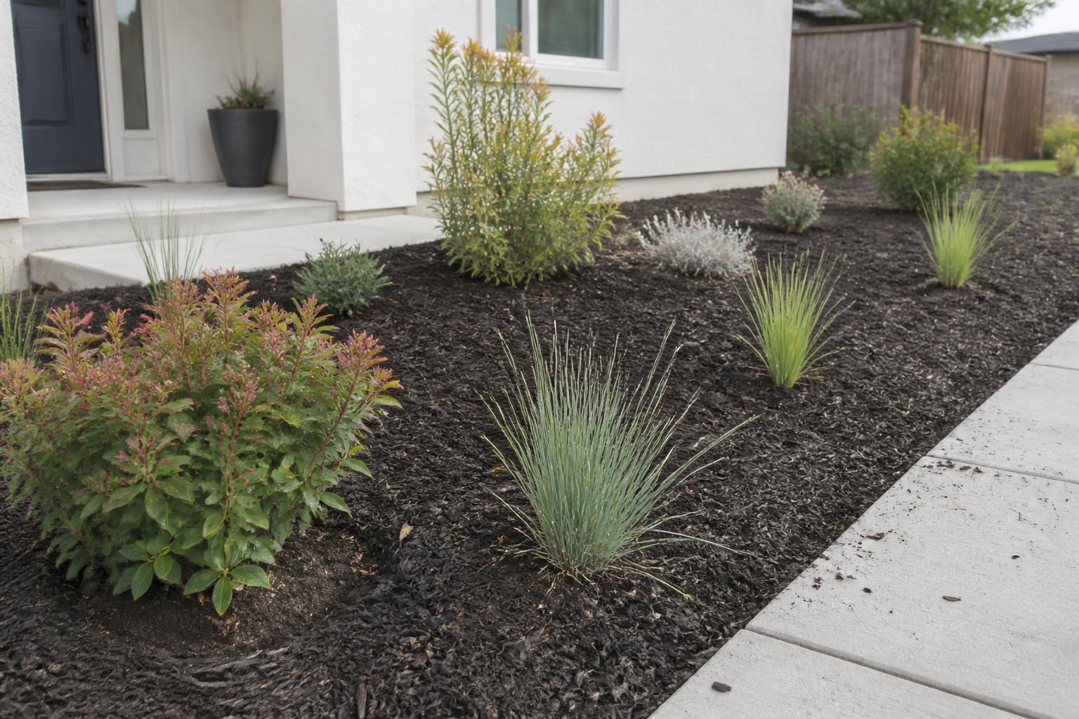 Finished entry bed of newly installed drought tolerant plants