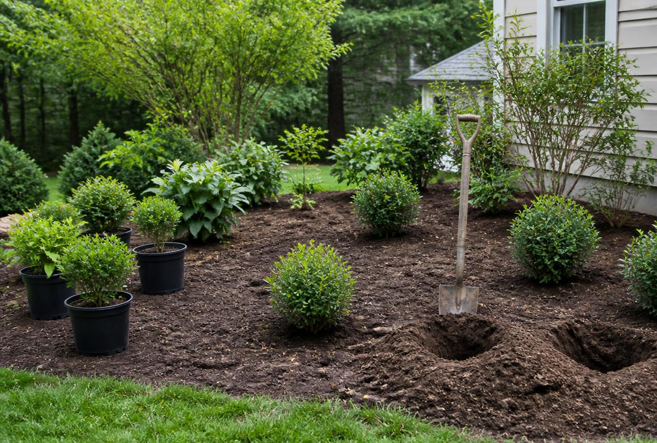 Shrubs staged in a bed with open planting holes and a shovel
