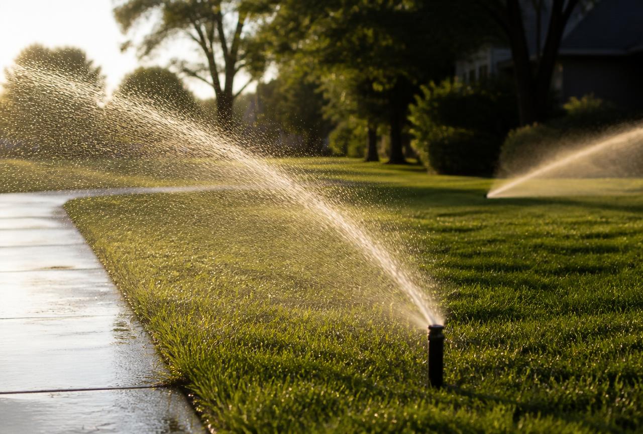 Pop-up sprinkler heads running and covering a lawn evenly