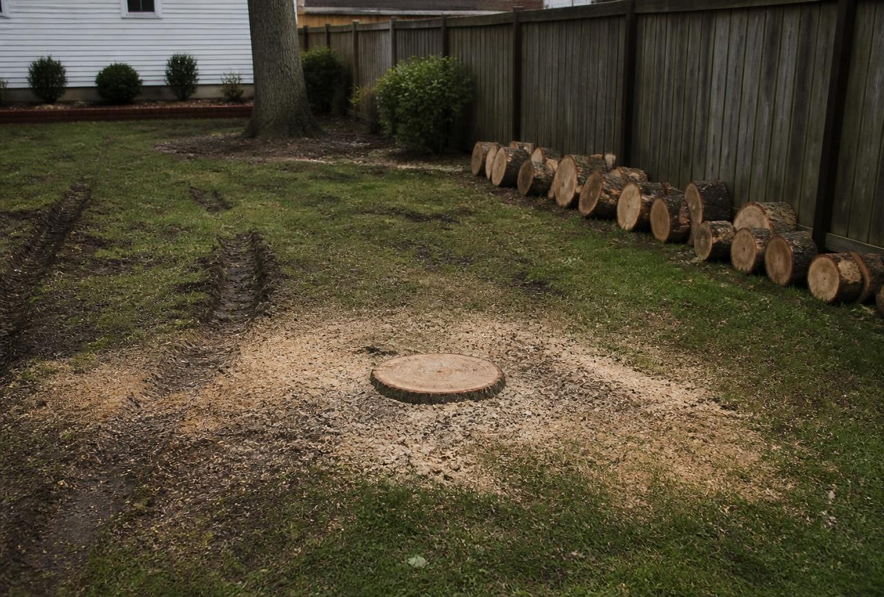 Stump cut flush in a backyard with log rounds stacked along the fence