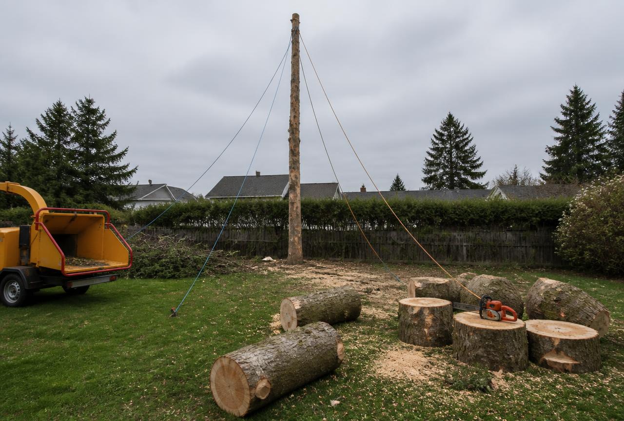 Topped spar with rigging lines and cut trunk sections during a removal
