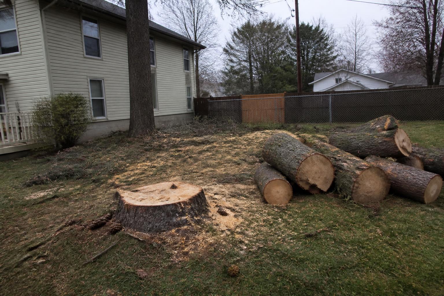 Large tree removed near a home with rounds stacked and the site cleared