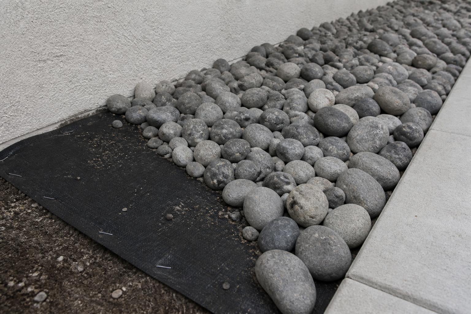 River rock bed finished over landscape weed fabric