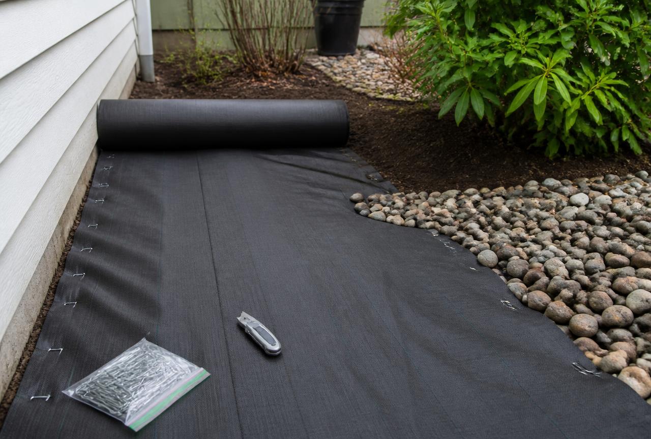 Weed fabric stapled down before rock is spread