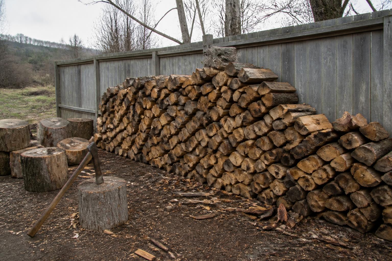 Split firewood stacked and ready beside remaining rounds